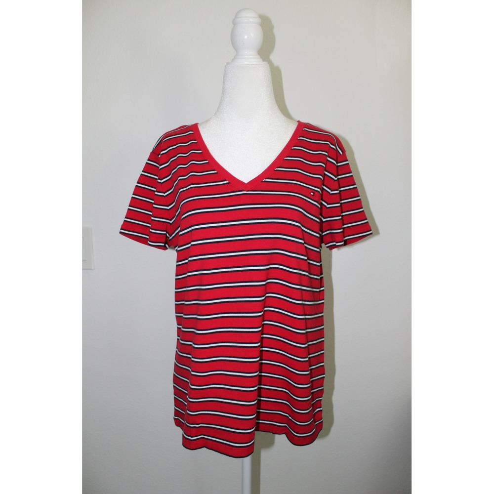 Tommy Hilfiger Women's‎ XXL Red Striped V-Neck Short Sleeve Cotton T-Shirt Logo
